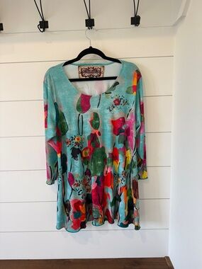 amma Boho 1X Aqua Multi-Color Floral Scoop Neck Tunic Dress